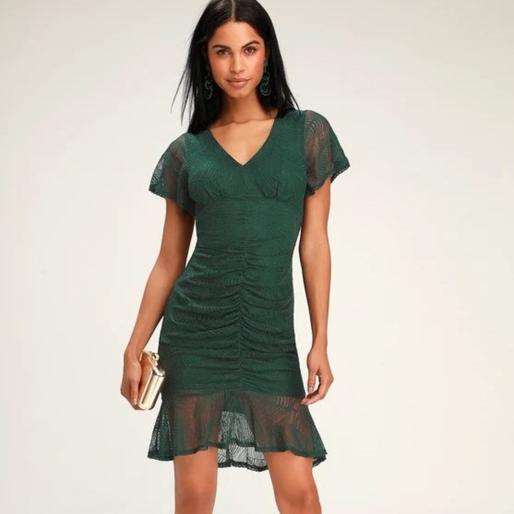 Lulu's FOREST GREEN LACE RUCHED BODYCON DRESS